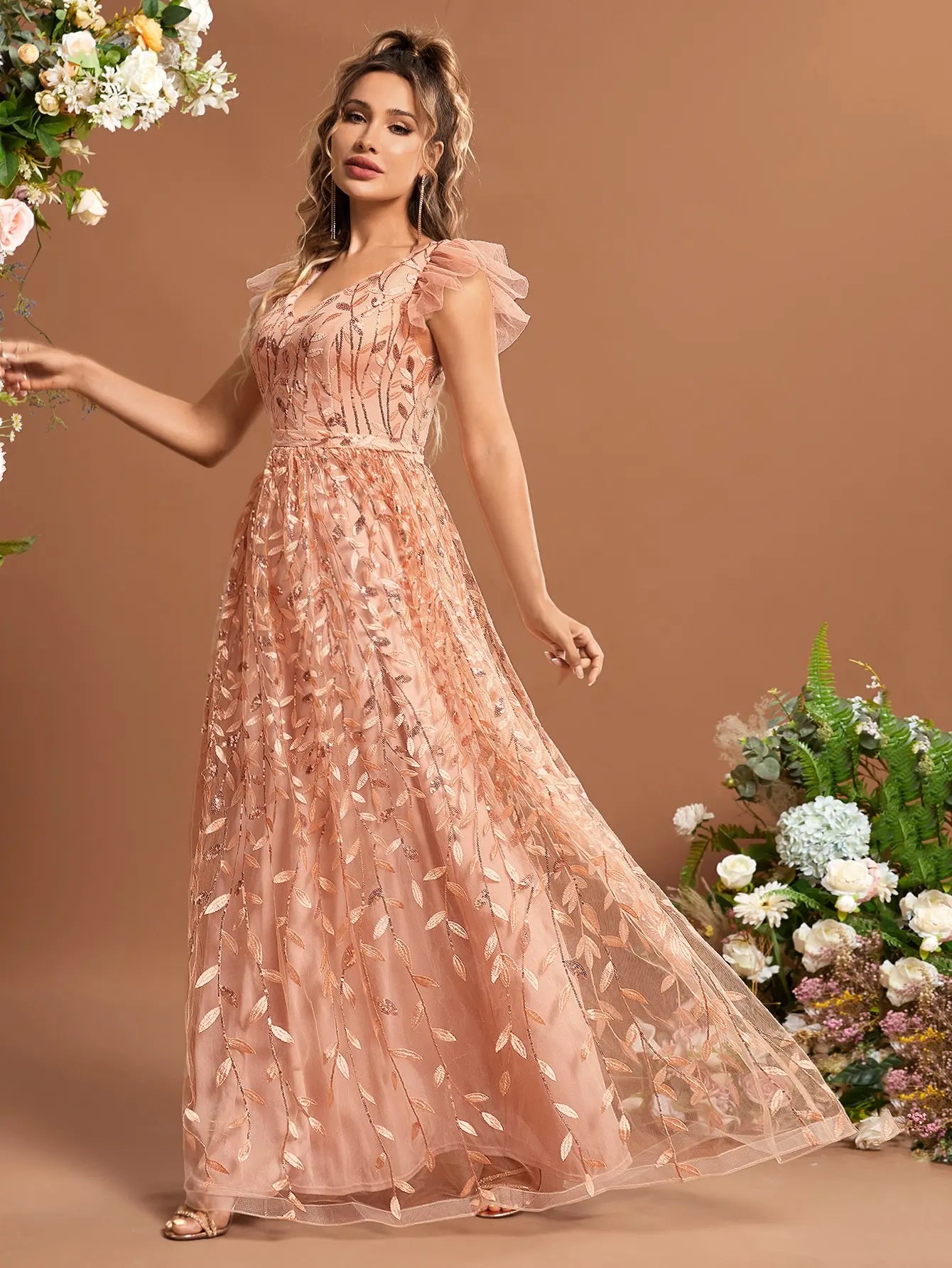 Ruffled sleeves lace mesh gorgeous evening ball dress Party