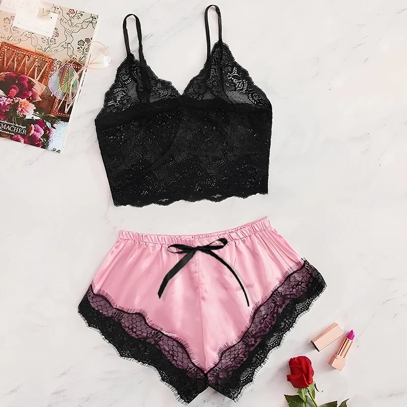 New Sexy Lace See-Through Black Pink Shorts Set