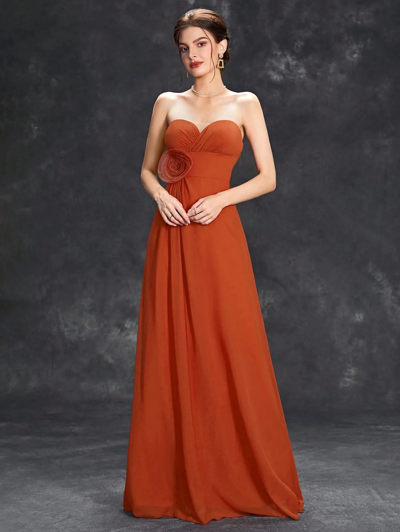 Pleated waist three-dimensional flower gown dress