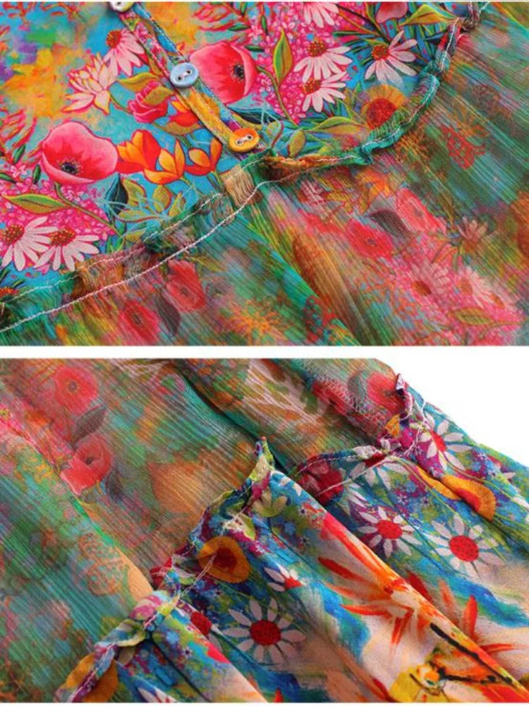 Beach Boho Vintage Print Chiffon V Neck Dress