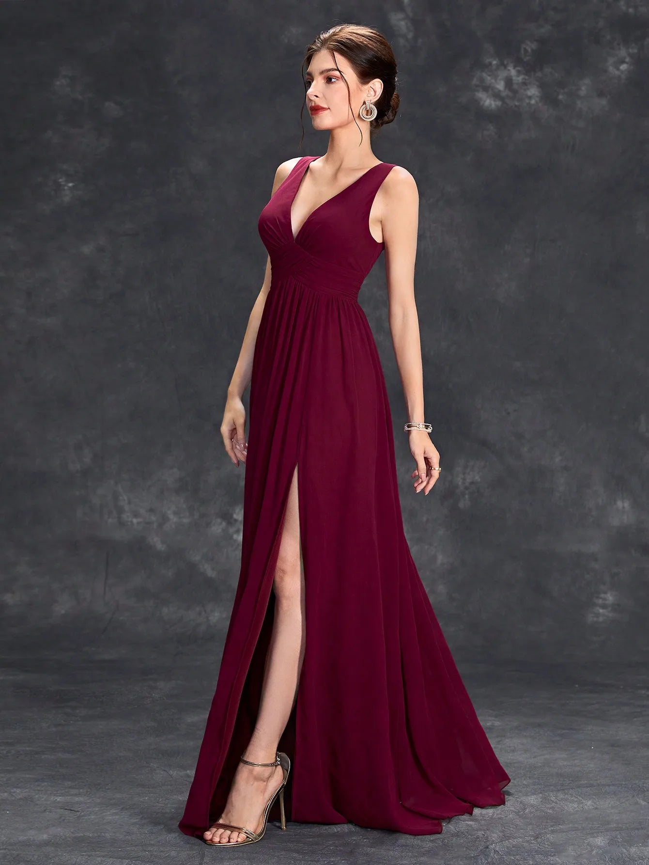 V-neck asymmetrical maroon pleats dress