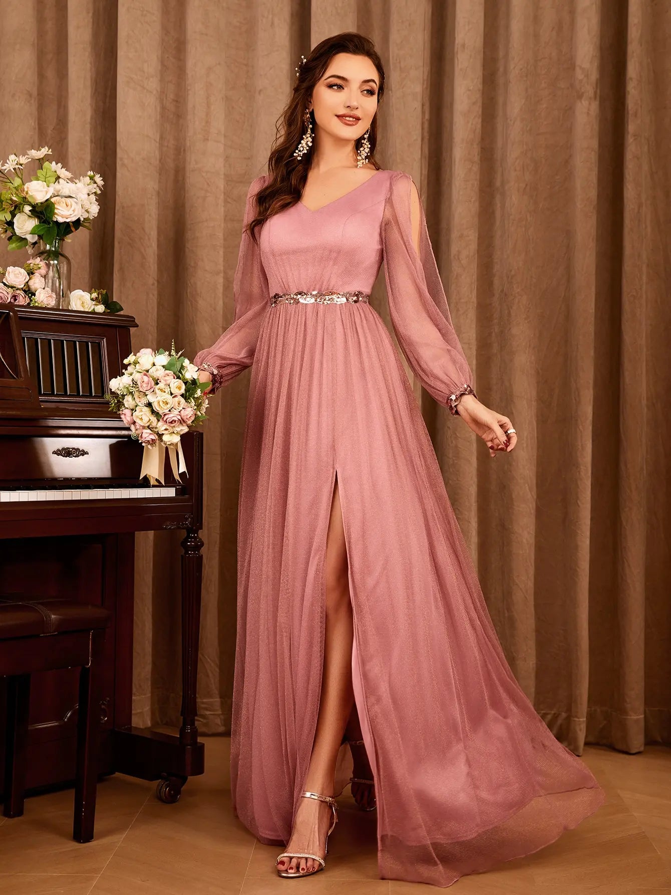 V-neck gauze applique slit elegant Evening gown