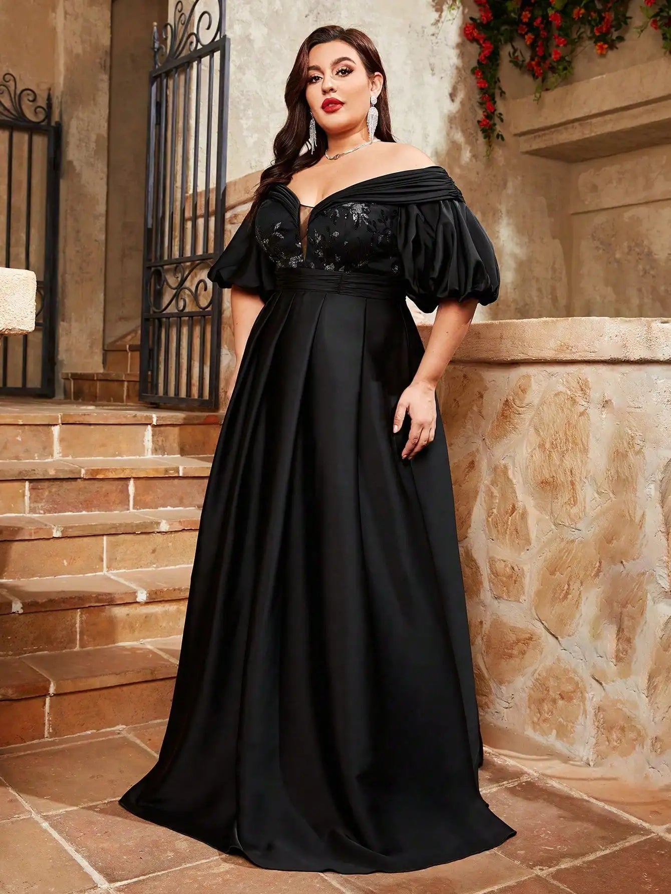 Plus size Line neck puffy sleeve satin Evening gown