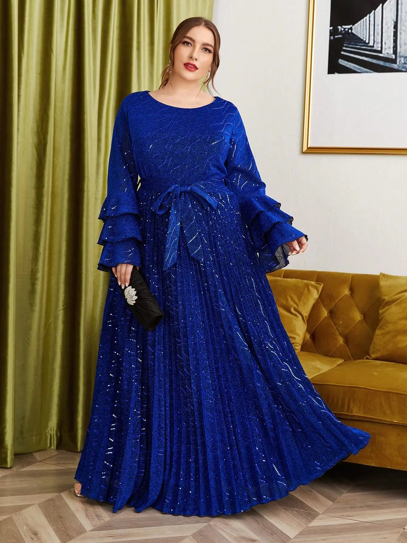 Plus size Round neck multi-layer lotus long sleeve evening gown