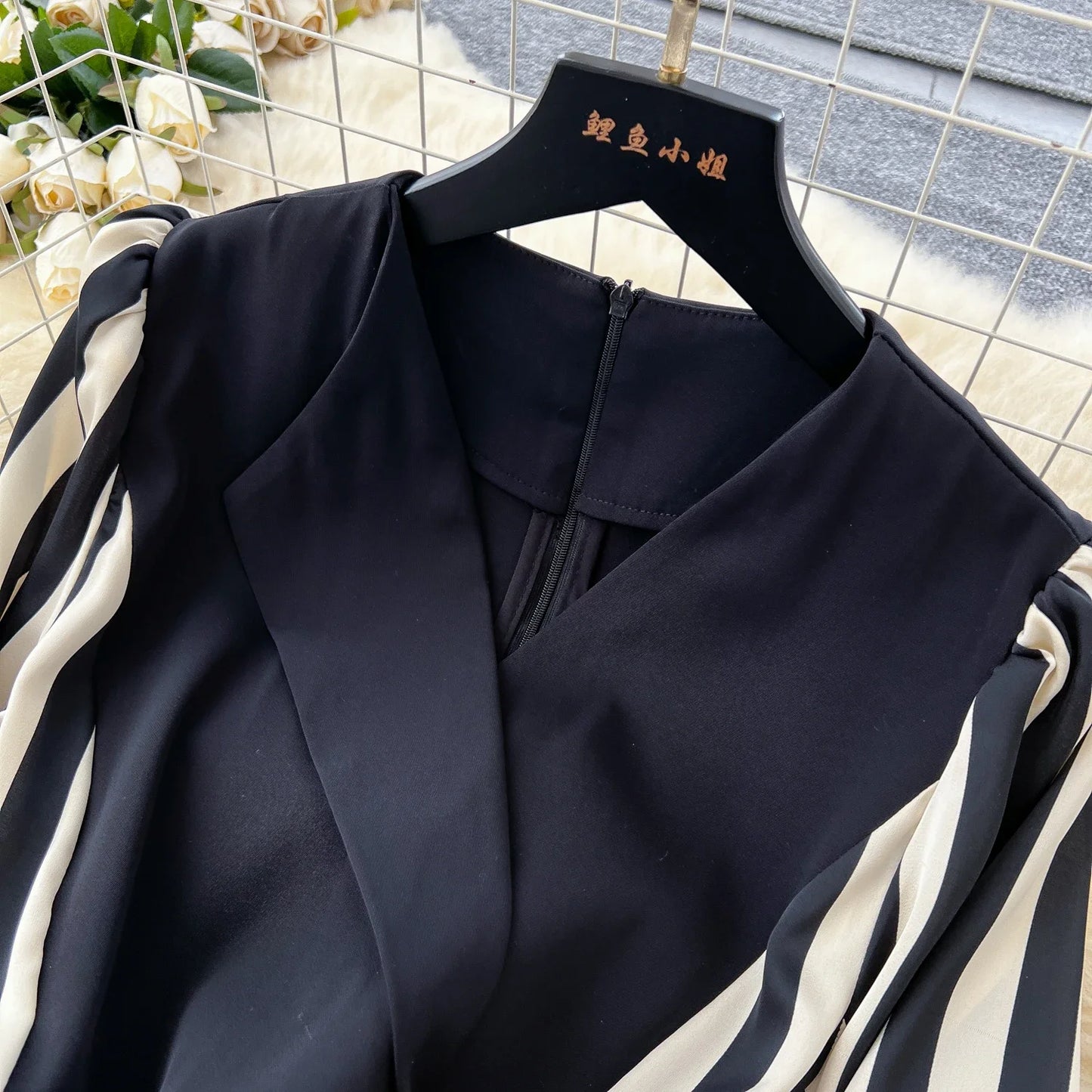 Vintage V-neck Long Lantern Sleeve Slim Sashes Patchwork Jumpsuit