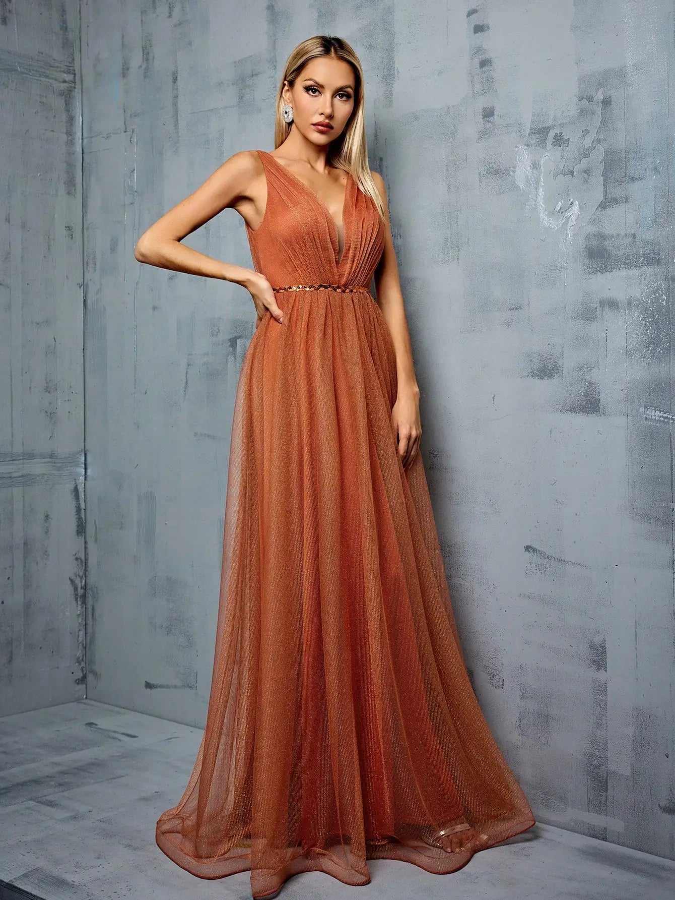 Metal mesh retraction splice sequin webbing long Evening gown