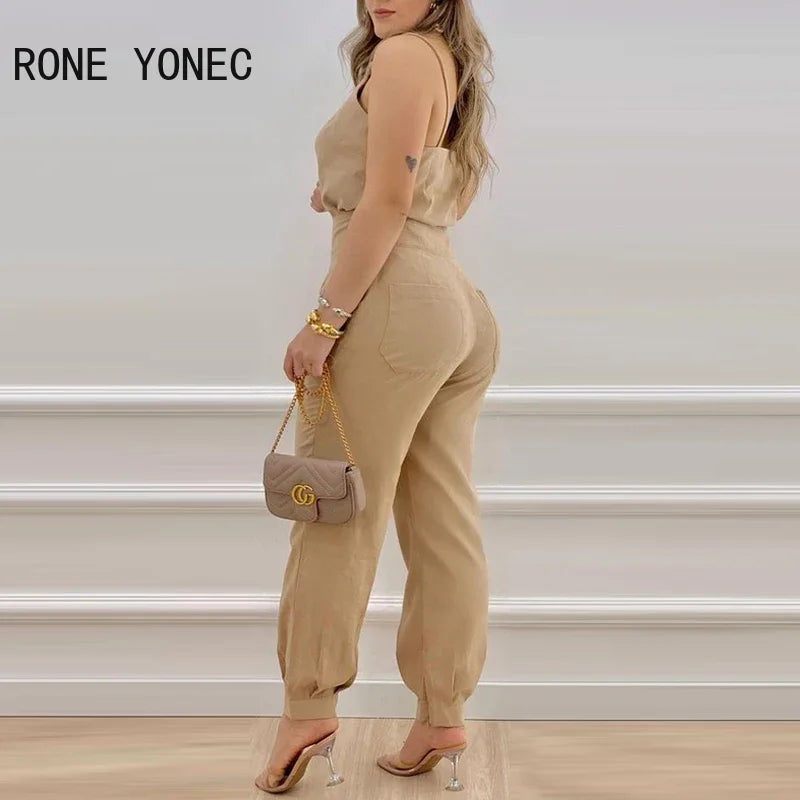 Women Solid Elegant Sexy Cami Pocket Straight Leg Jumpsuit