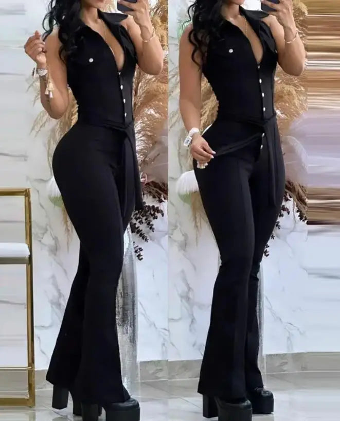 Sleeveless Sexy Plain Tied Detail Skinny Long Flared Jumpsuit