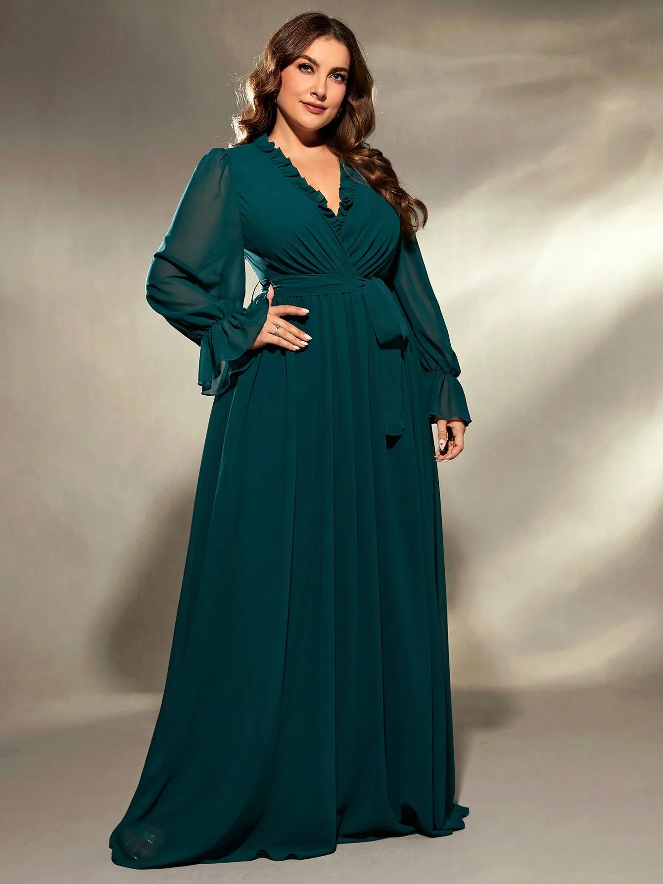 Plus size V-neck chiffon long sleeve dress