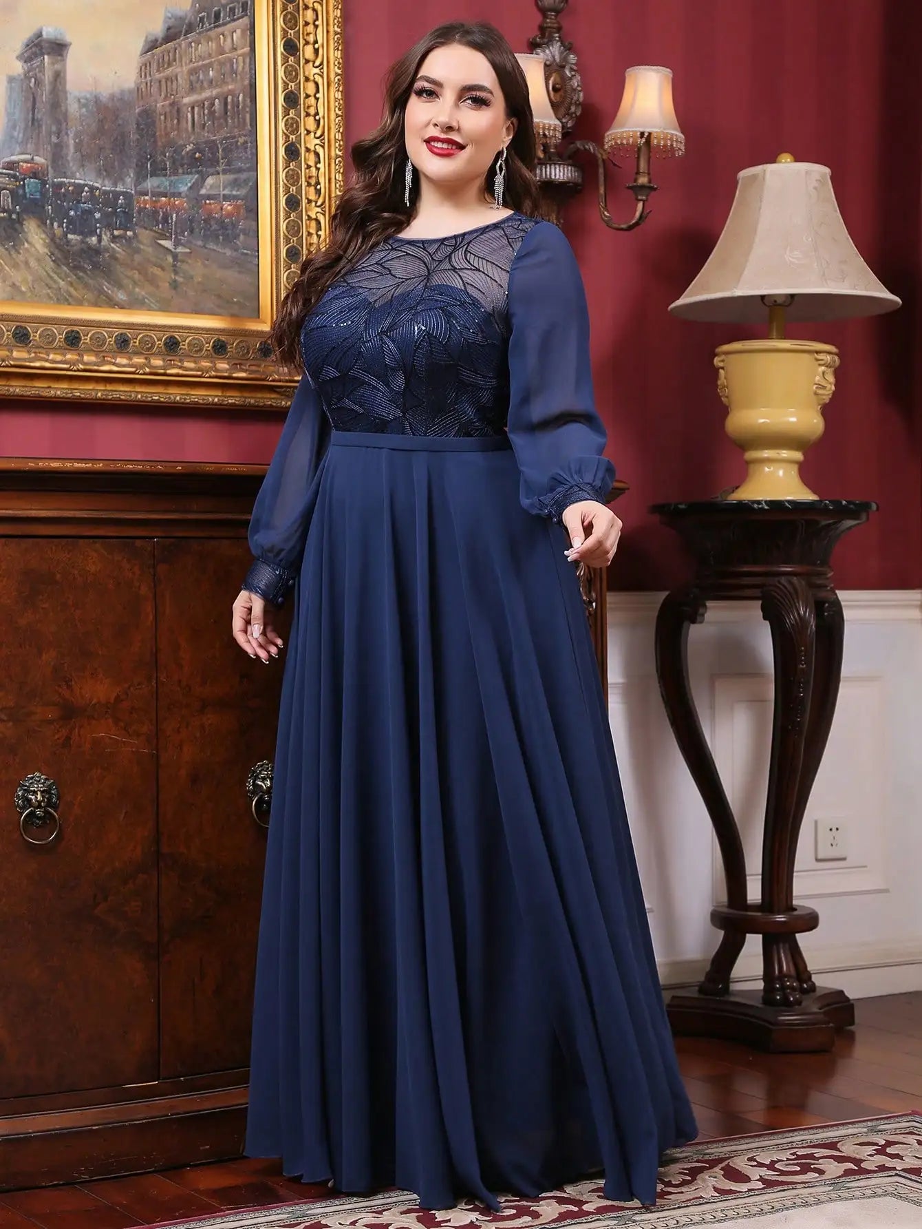 Plus size Round neck see-through sequin embroidery patchwork Evening gown