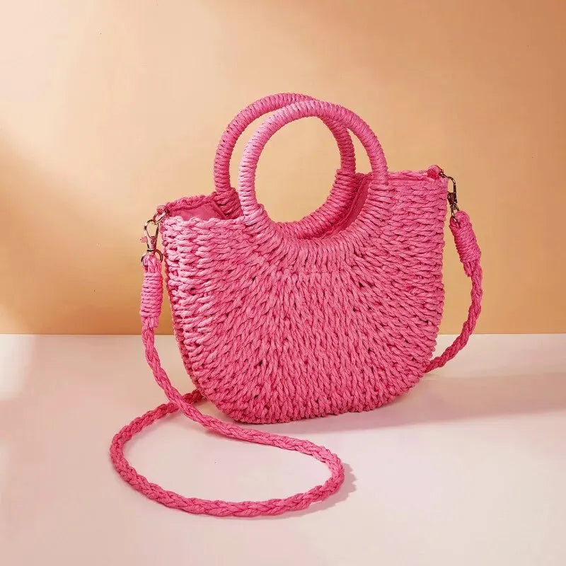 Handwoven Straw Rattan Half-Moon Beach Handbag