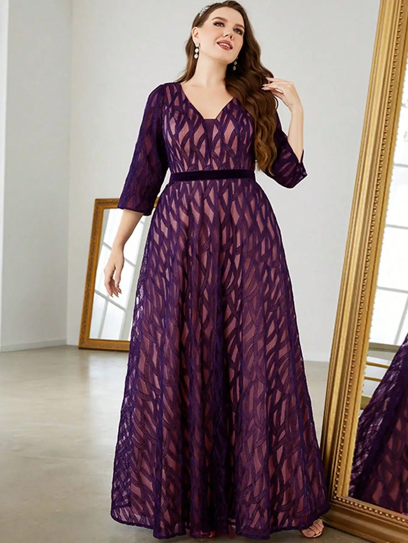 Lace embroidered mid-long sleeve gown Party dress