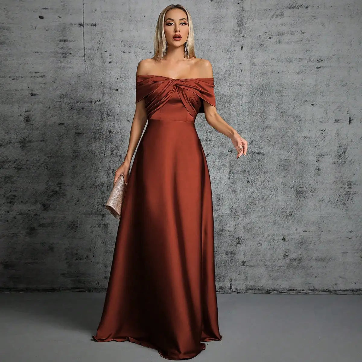 Line neck irregular cross pleated satin gown