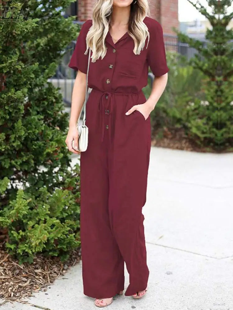Lapel Neck Short Sleeve Long Jumpsuit
