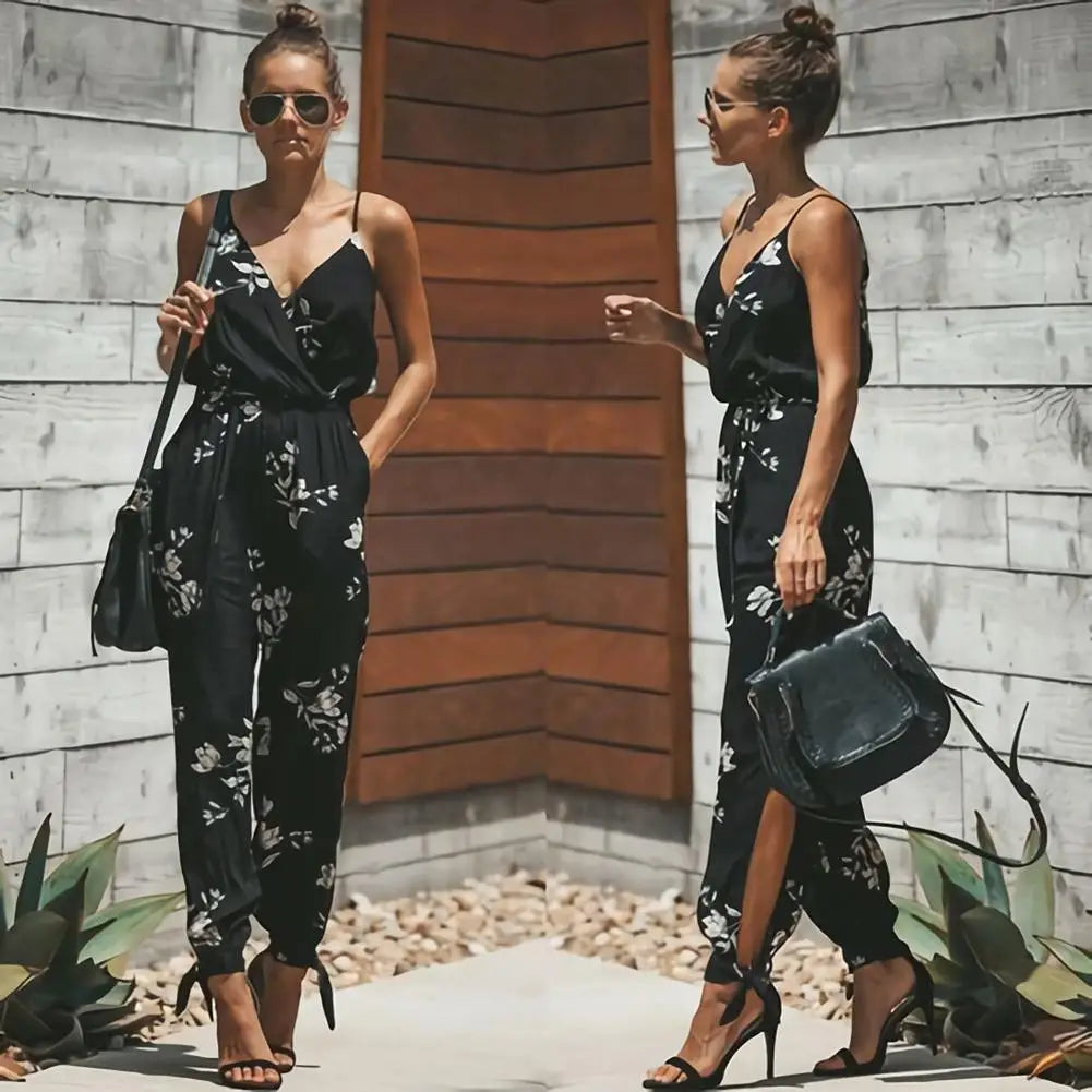 Backless Casual Deep-V Floral Print Strappy Jumpsuits