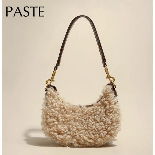 Winter Plush Wool Fur Kakhi Women Shoulder Bag