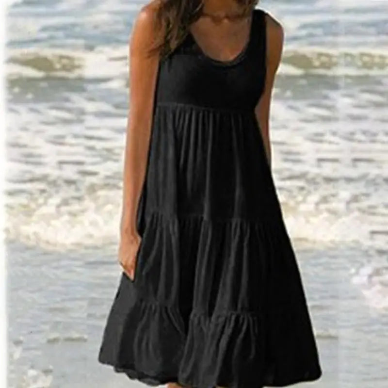 Causual O Neck Sleeveless Ruffles Mini Dress