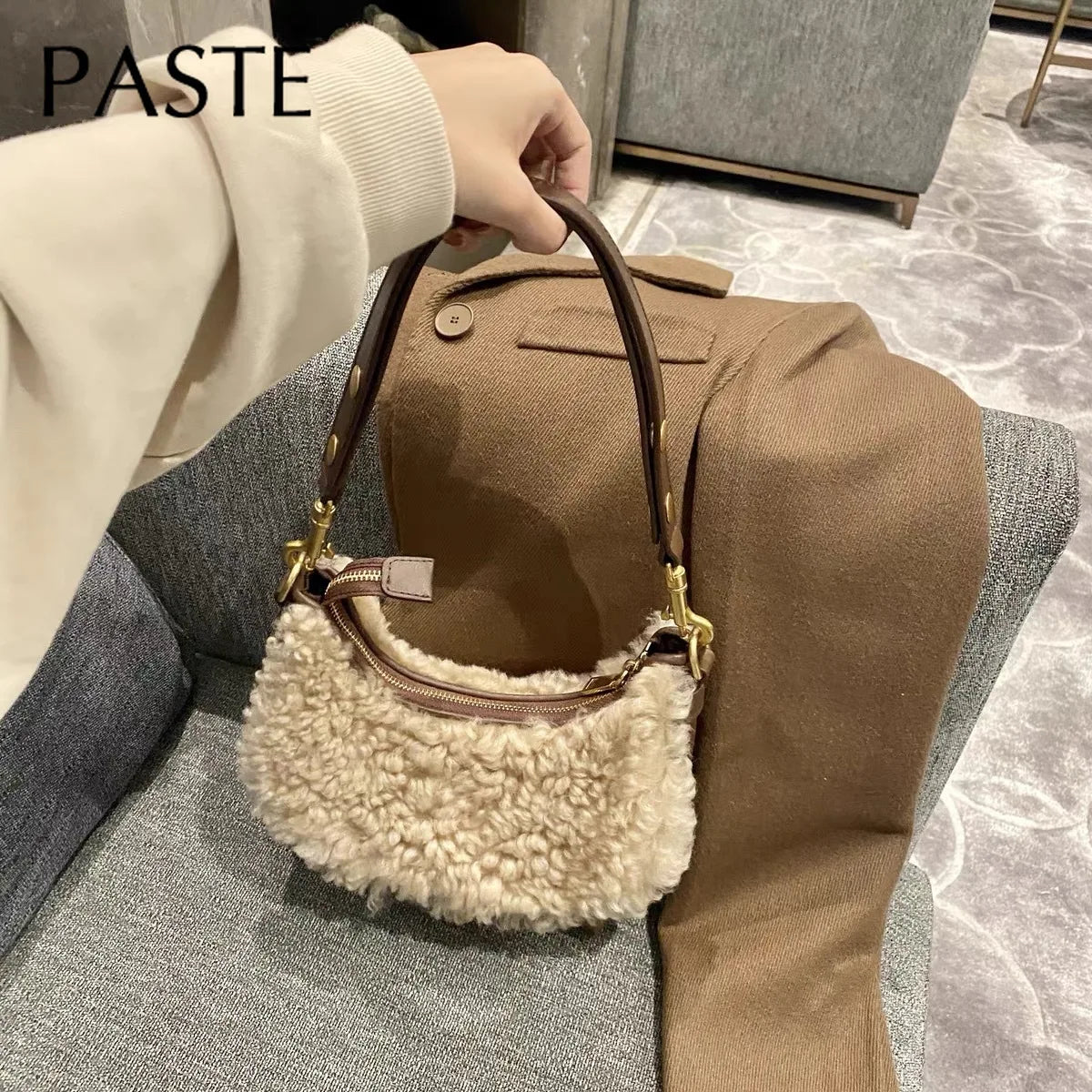 Winter Plush Wool Fur Kakhi Women Shoulder Bag