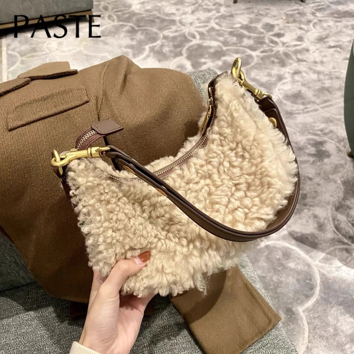 Winter Plush Wool Fur Kakhi Women Shoulder Bag