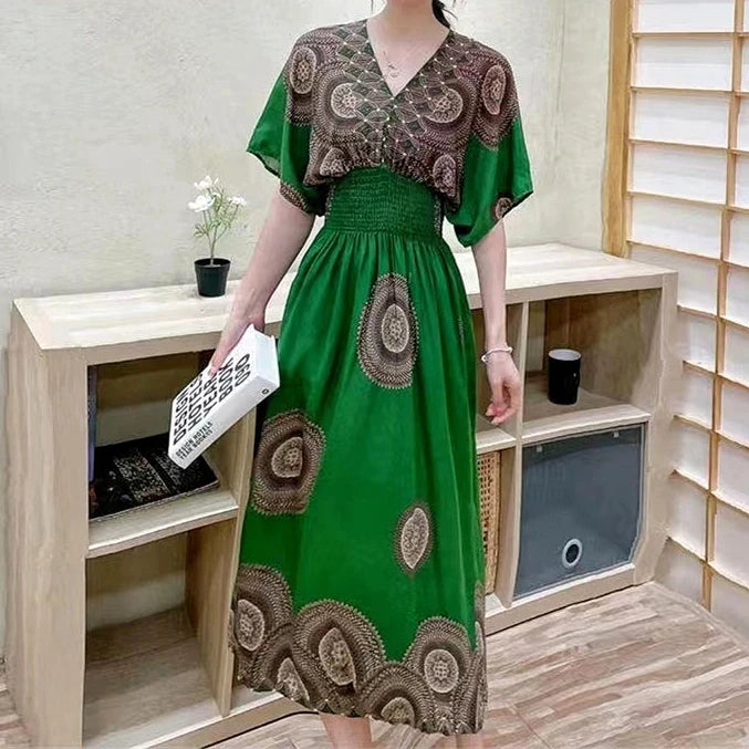 Print Batwing Sleeve Elastic High Waist Dress