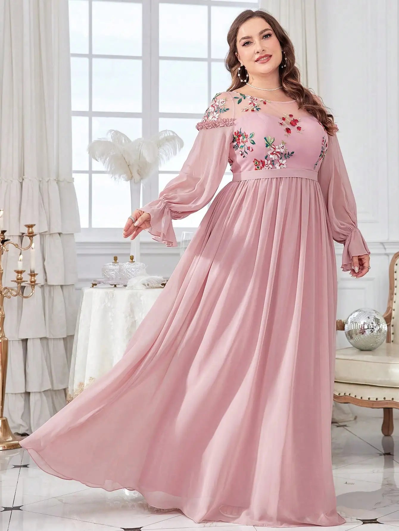 Plus size Round neck Color embroidered chiffon Evening gown