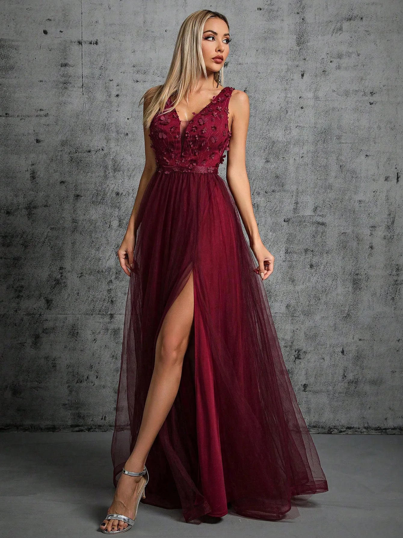 3d sequin embroidered mesh evening gown