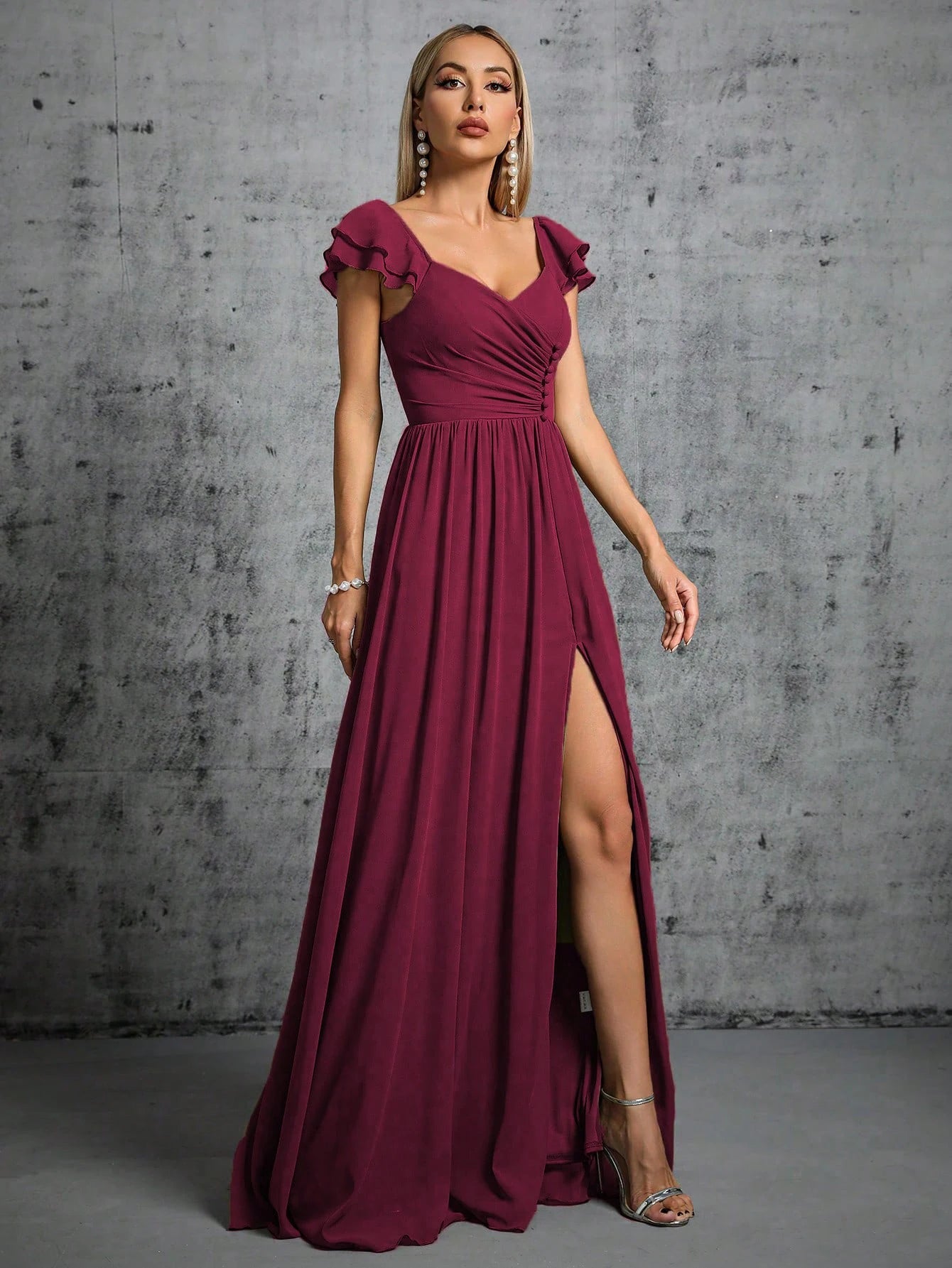 Horseshoe collar ruffled sleeves clasp open evening dress
