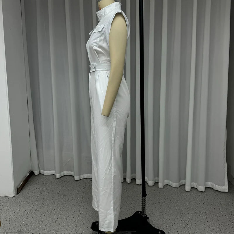 Solid Sleeveless Round Neck Nipped Waist Loose Pants Jumpsuit