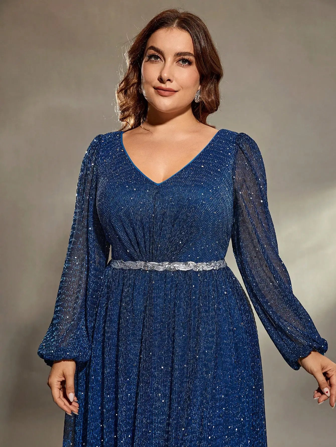 Plus size lantern sleeve sequins webbing net Evening gown