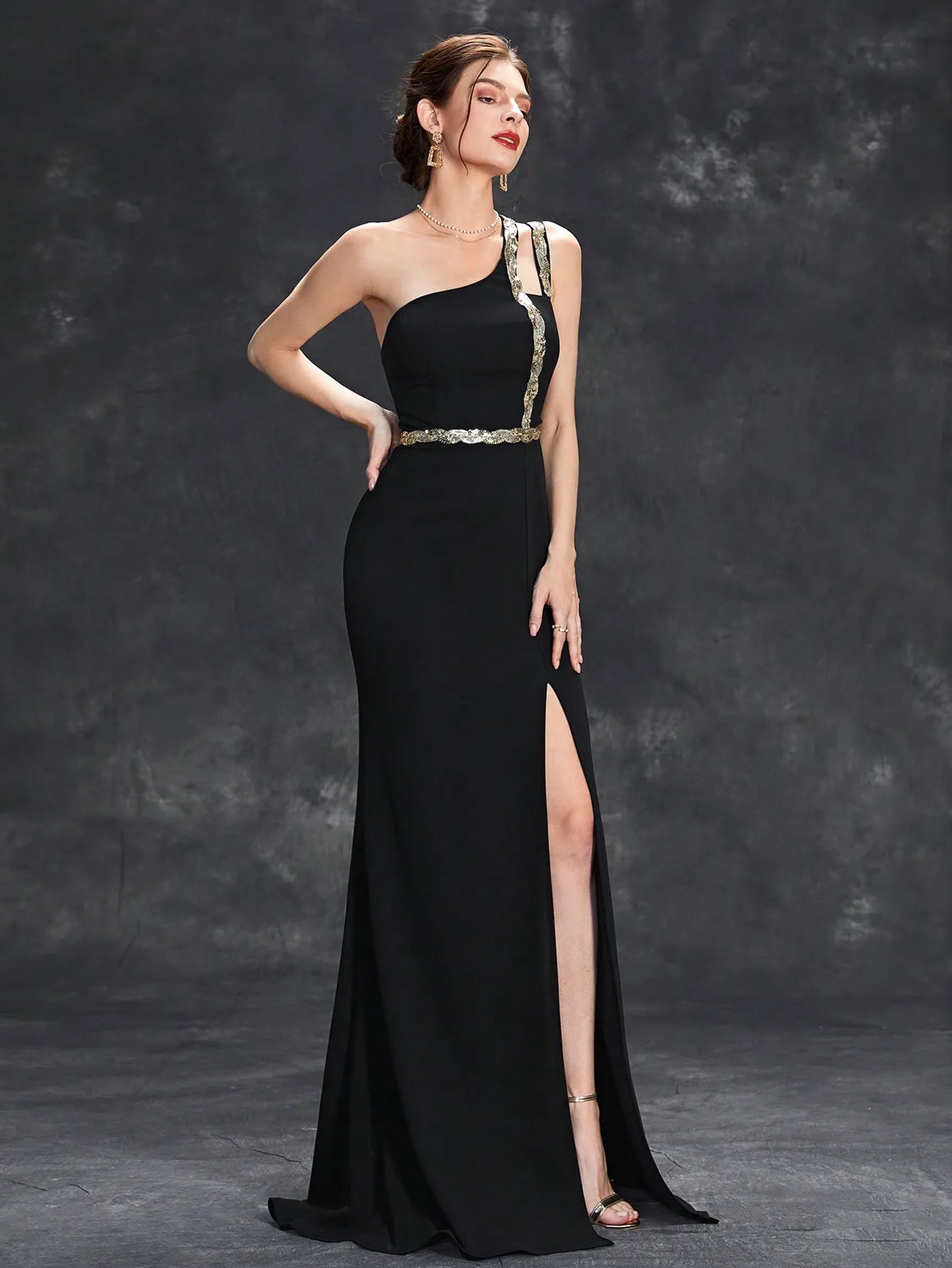 Sequin ribbon slit backless elegant evening gown