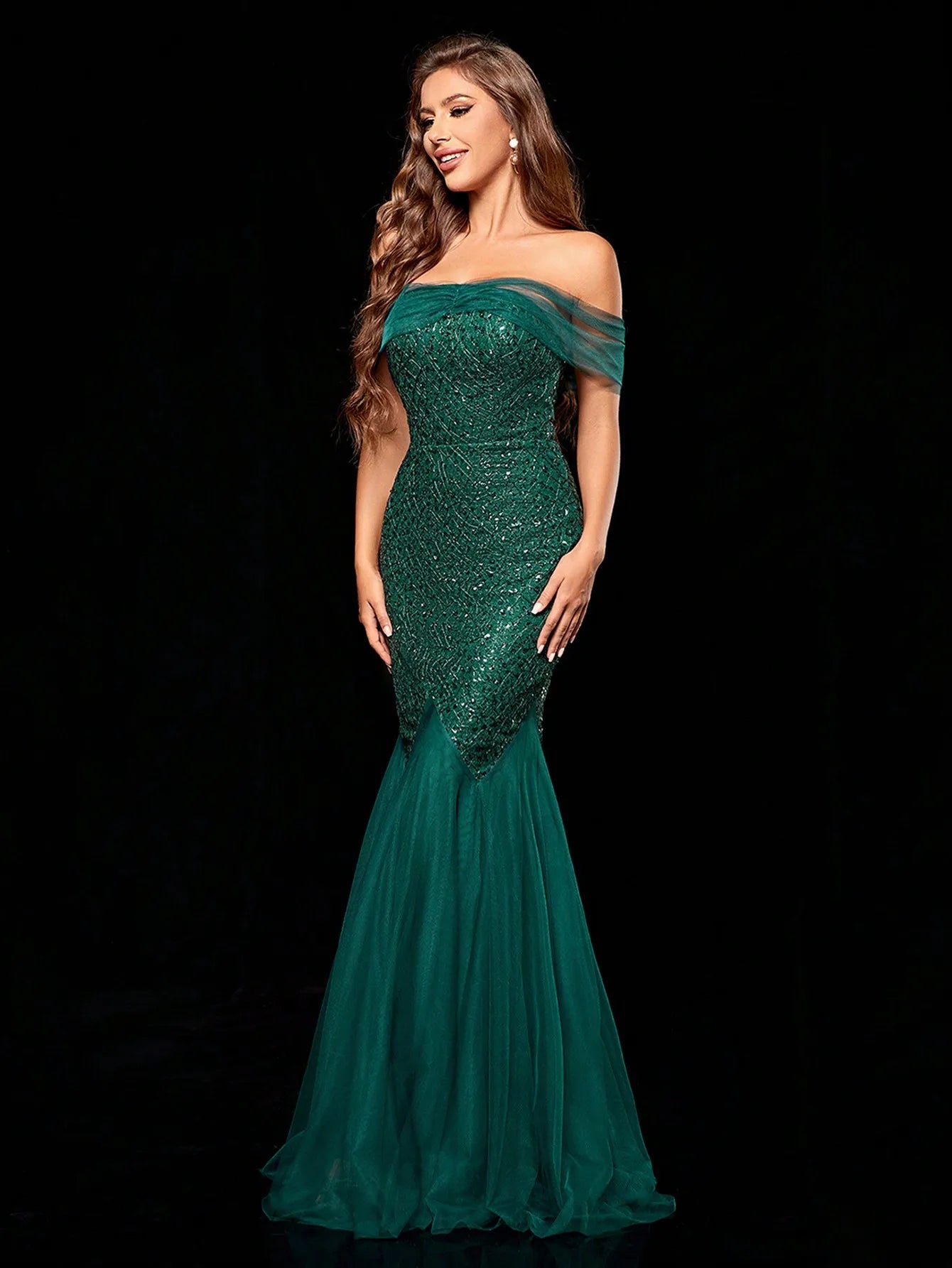 Slim sequin mesh fishtail Evening gown