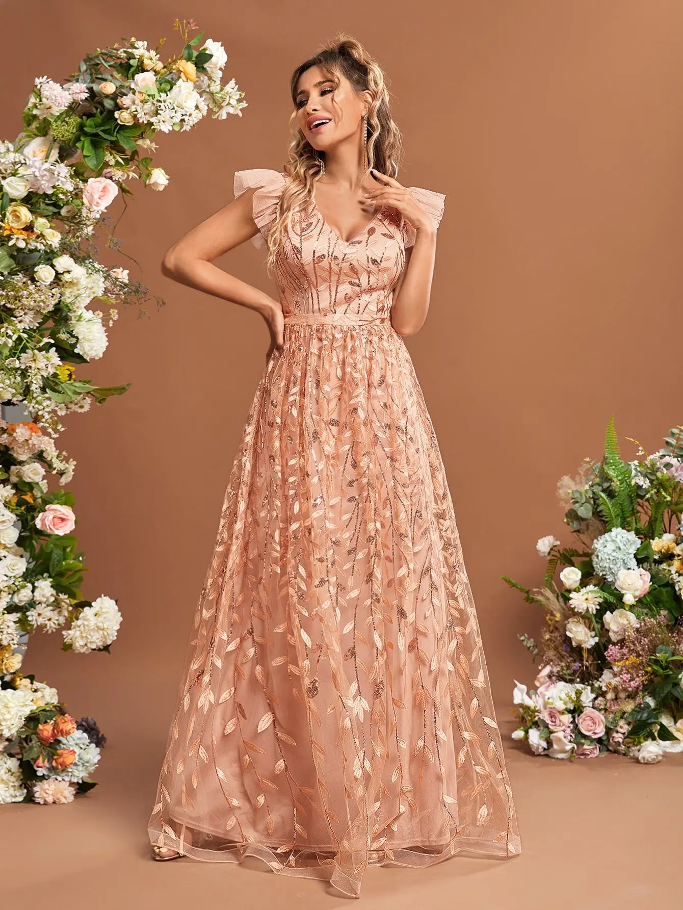 Ruffled sleeves lace mesh gorgeous evening ball dress Party
