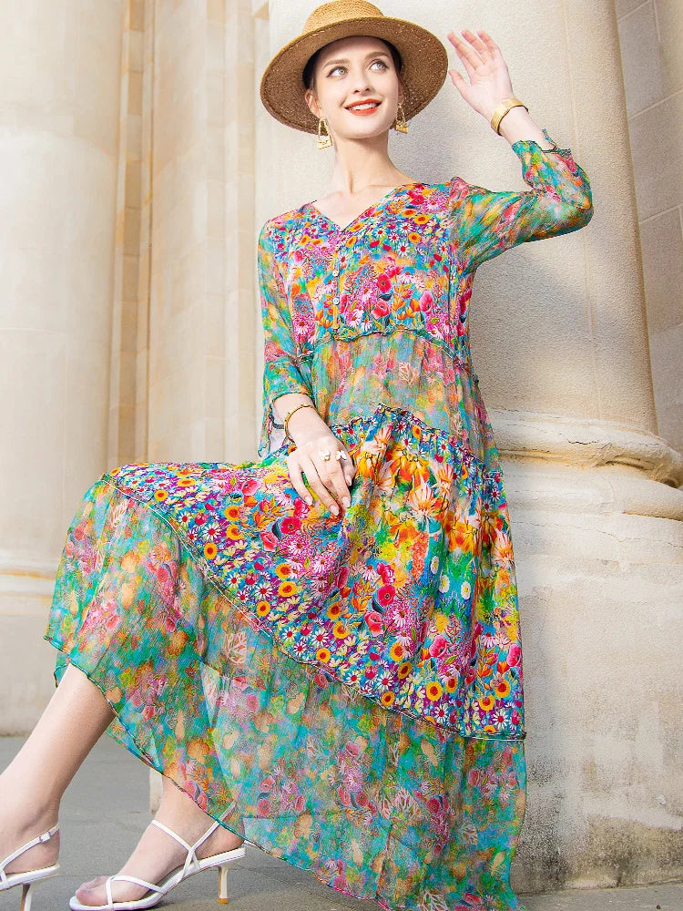 Beach Boho Vintage Print Chiffon V Neck Dress