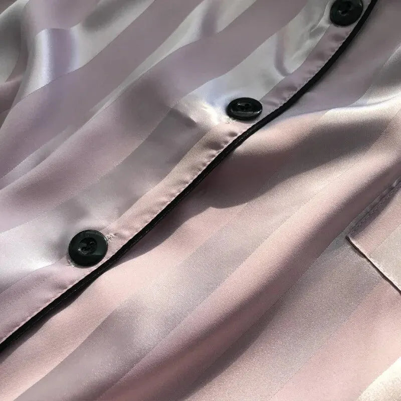 Women's Elegant Satin Striped Button Up Lounge Set