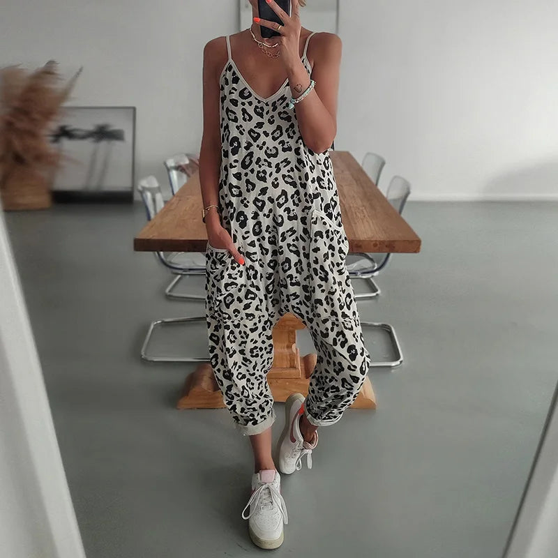 V-Neck Sling Leopard Print Jumpsuit