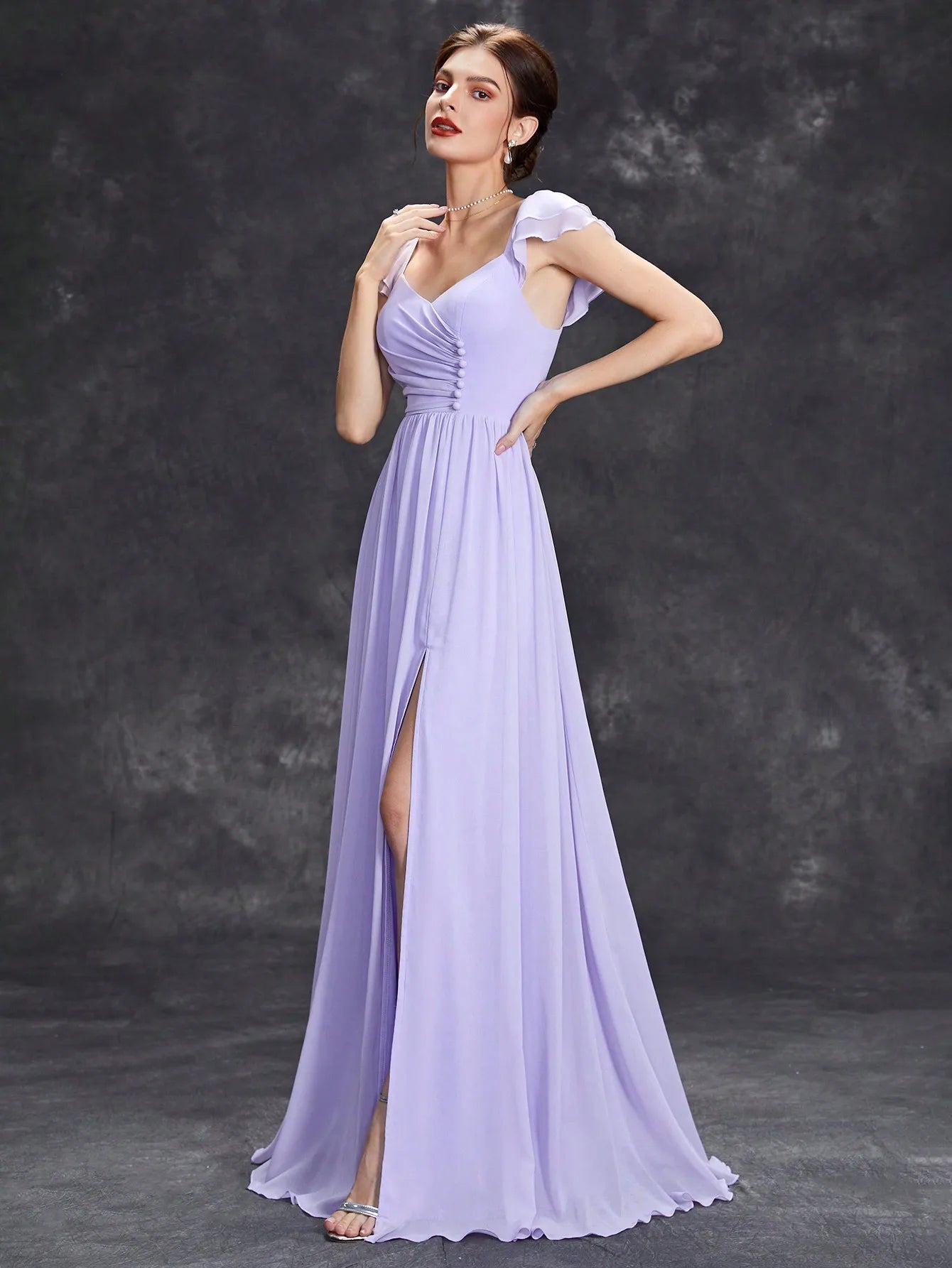 Horseshoe collar ruffled sleeves clasp open evening dress