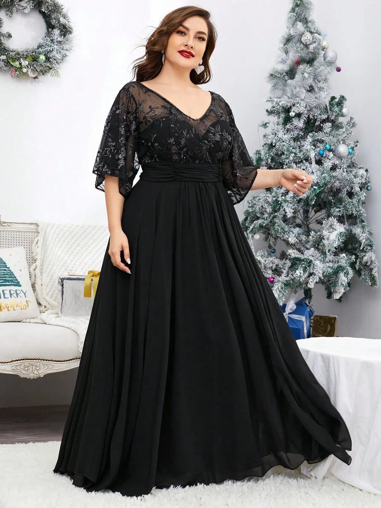 Plus size V-neck sequin embroidered trumpet sleeve Evening gown