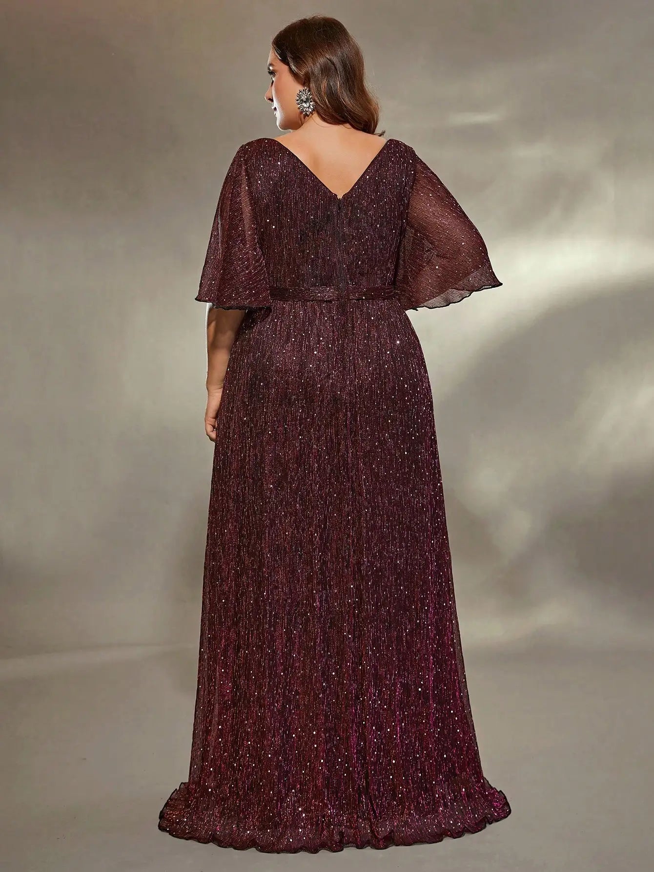 Plus size Mid sleeve Maroon sequins Evening gown