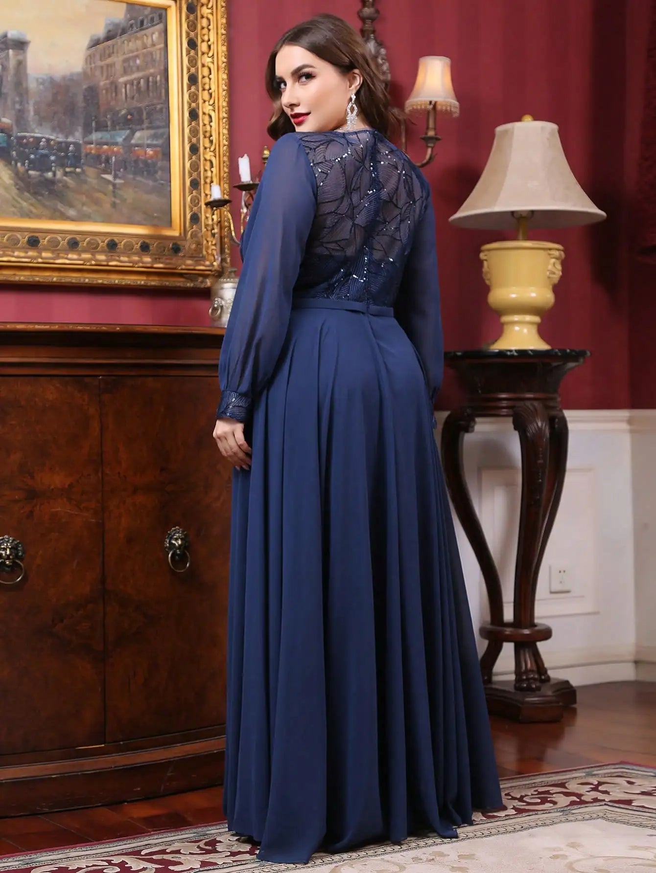 Plus size Round neck see-through sequin embroidery patchwork Evening gown