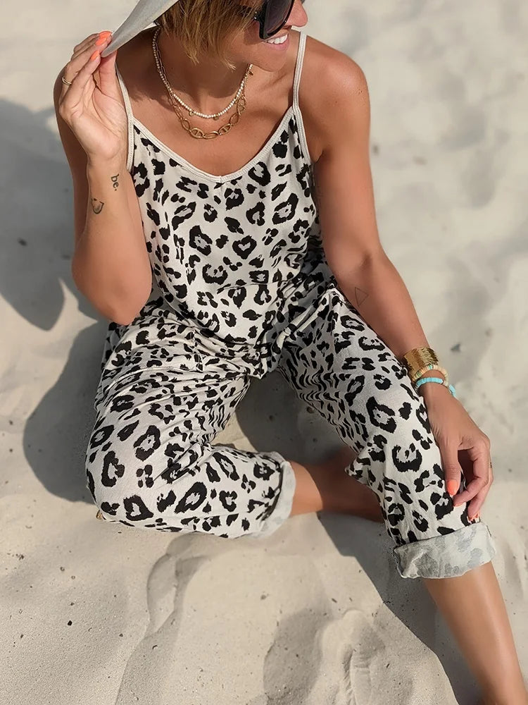 V-Neck Sling Leopard Print Jumpsuit