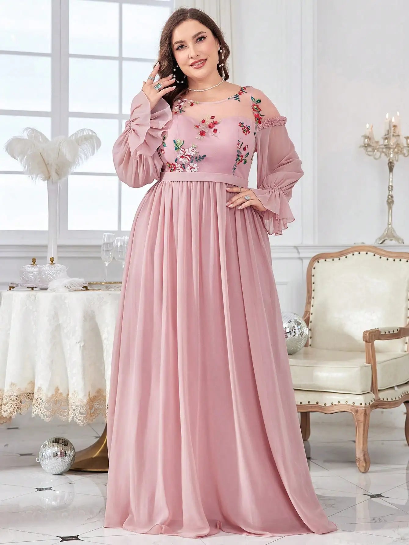 Plus size Round neck Color embroidered chiffon Evening gown