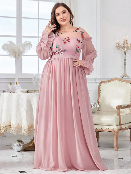 Plus size Round neck Color embroidered chiffon Evening gown