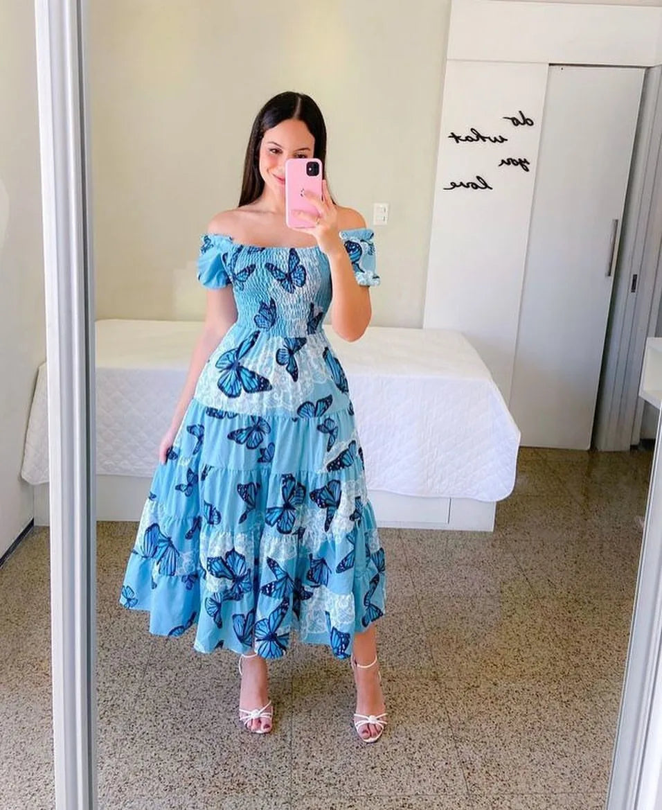 Off Shoulder Flower Print Midi Dress