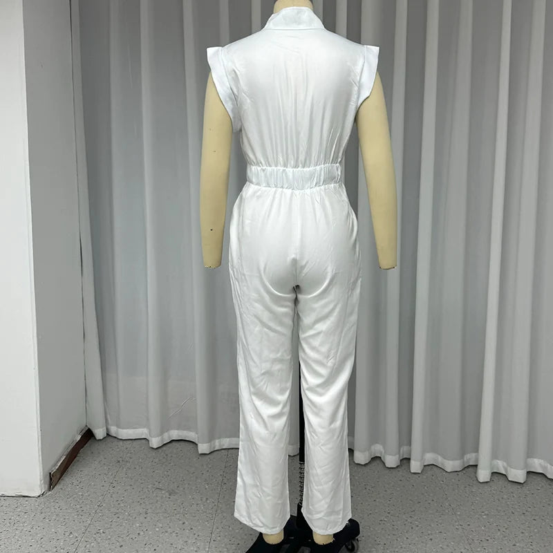 Solid Sleeveless Round Neck Nipped Waist Loose Pants Jumpsuit