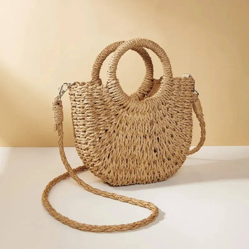 Handwoven Straw Rattan Half-Moon Beach Handbag