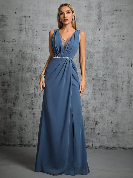 Shoulder deep V-neck silver sequin Evening gown