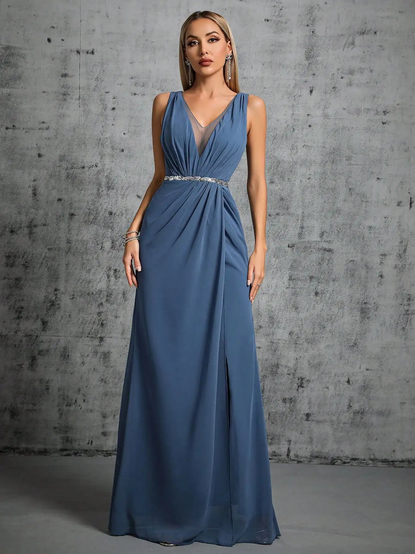 Shoulder deep V-neck silver sequin Evening gown