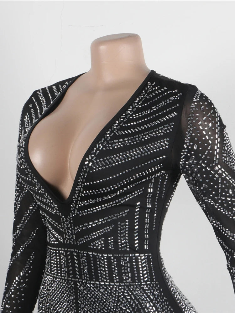 Sparkle Black Rhinestone Long Pants Jumpsuits