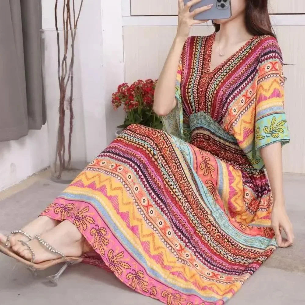 Bohemian Colorful Flower V-Neck Midi Dress