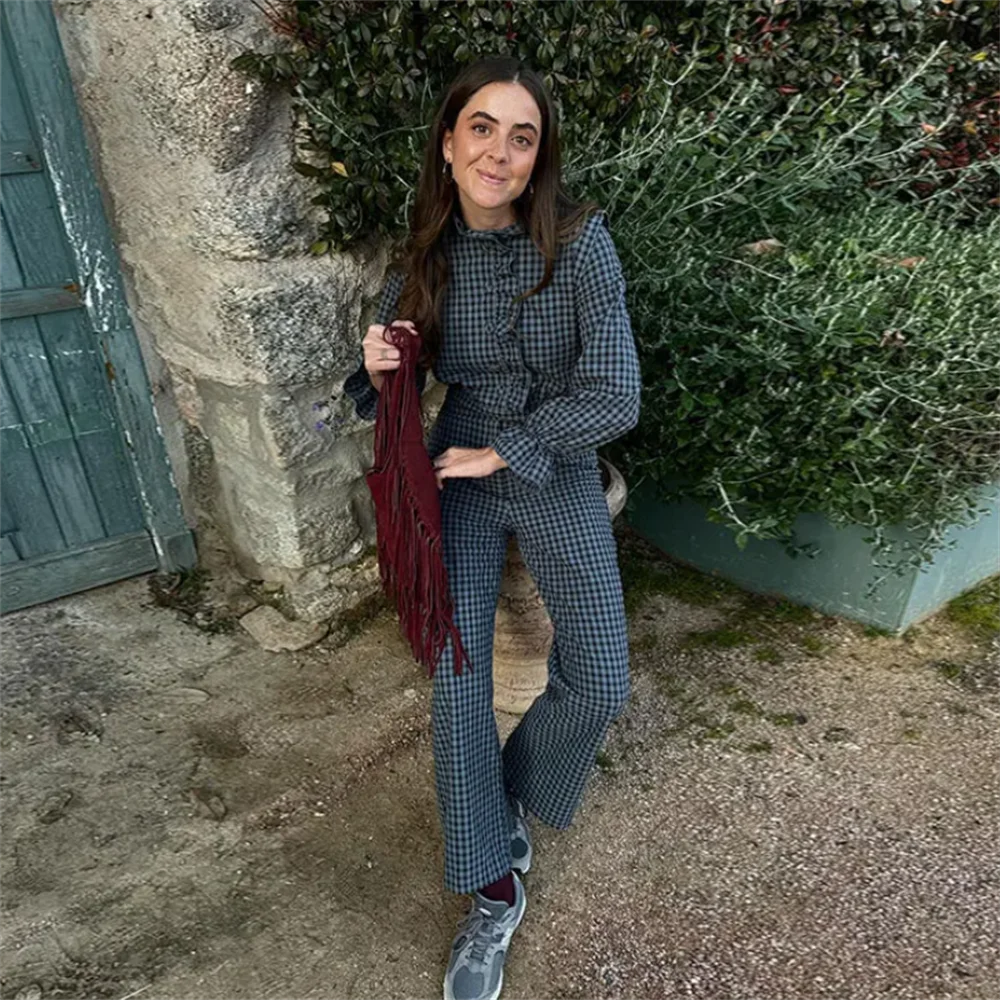 Casual versatile bubble sleeve plaid long jumpsuit